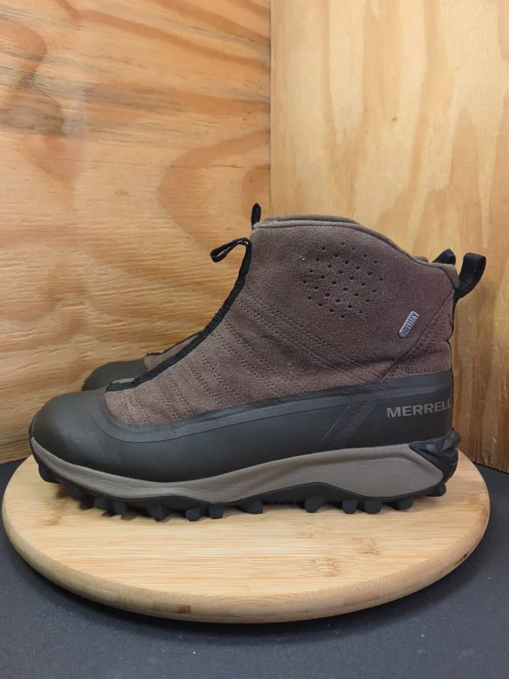Merrell Thermo Snowdrift Mens Brown Waterproof Mid Shell Side Zip Boots Size 8.5